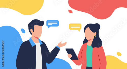 Modern illustration of two colleagues discussing a project, ideal for websites and presentations related to teamwork and communication.