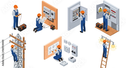 Isometric illustrations depicting an electrician performing various electrical tasks, including meter reading, wiring, panel maintenance, and working on powe...
