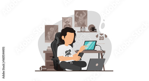 Young man using tablet and smartphone at home, surrounded by American football memorabilia - perfect for blogs about sports fans or home office setups.