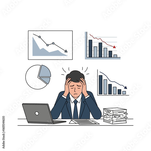 A stressed businessman sits at his desk with falling graphs, a laptop, and paperwork, showing financial decline and anxiety.