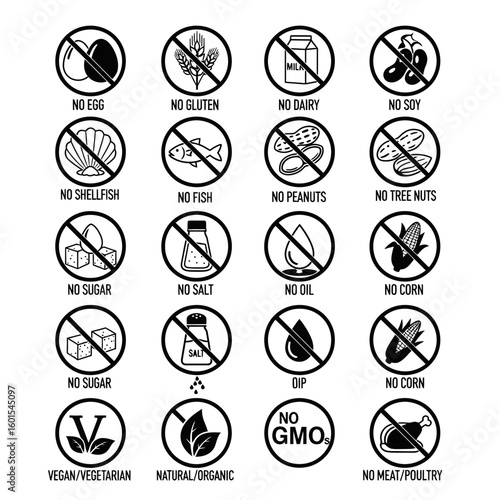 Collection of circular icons with a diagonal line through them, representing common food allergens and dietary restrictions, including egg, gluten, dairy, so...