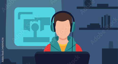 Person wearing headphones using laptop at night, perfect for blog posts about remote work or online gaming.