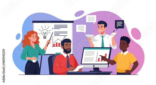 Diverse team brainstorming and collaborating on a project, perfect for websites or presentations on teamwork and innovation.