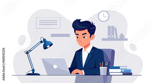Young businessman working on laptop in modern office. Perfect for website banners, business presentations, and marketing materials.