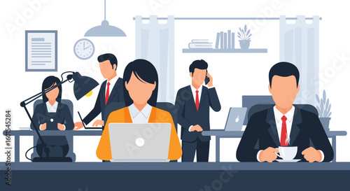 Diverse business team collaborating in a modern office, ideal for presentations and reports.