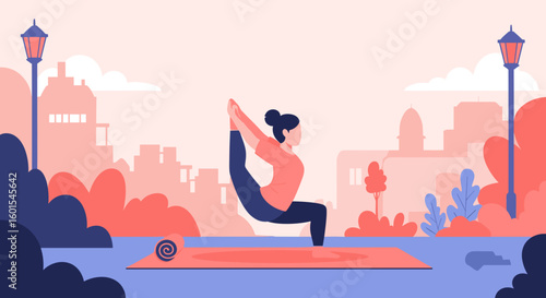 Woman practicing yoga outdoors in city park, perfect for wellness websites or brochures.