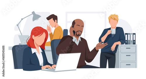 Diverse team of business professionals working collaboratively in a modern office setting. Ideal for websites, presentations, and marketing materials.