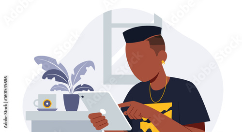 Young man using a tablet, perfect for website banners or app interfaces.