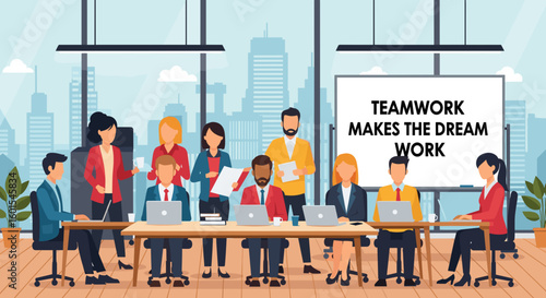 Diverse business team collaborating in modern office; perfect for teamwork, collaboration, and success concepts.