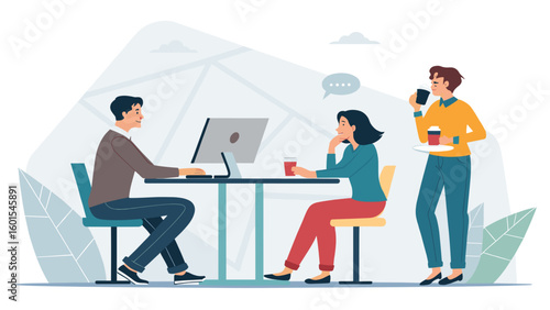 Coworkers collaborating at a table with coffee, perfect for illustrating teamwork and modern office life on a website or presentation.