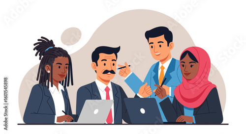 Diverse business team collaborating on project, ideal for website banners and presentations.