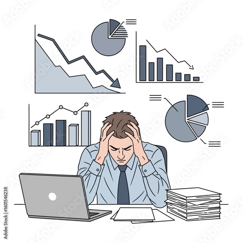 A stressed businessman sits at his desk with a laptop and paperwork, surrounded by declining financial charts and graphs.