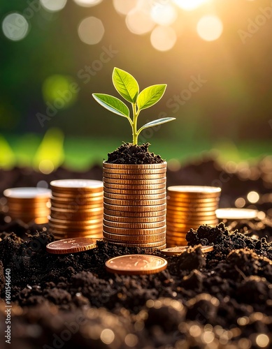 sustainable finance concept, Growing Investment Plant Sprouting from a Stack of Coins