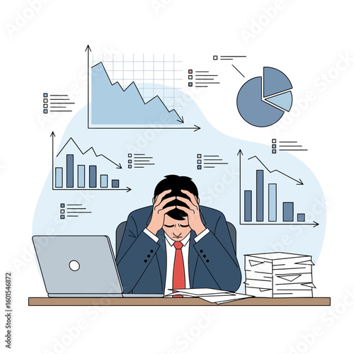 A stressed businessman sits at his desk surrounded by falling graphs, charts, and stacks of paperwork, expressing financial loss and failure.