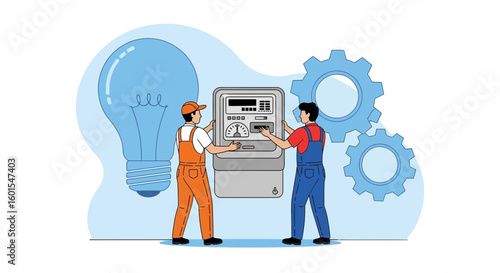 Two technicians in overalls inspect an electricity meter with a large lightbulb and gears in the background.