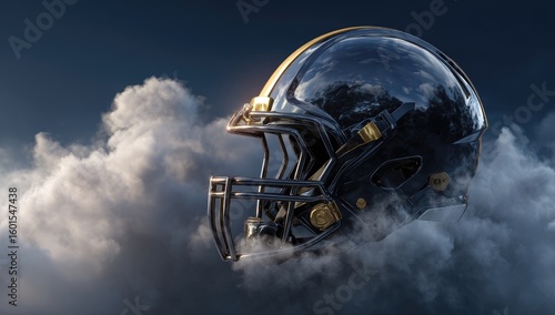 A sleek, black football helmet with gold accents, seemingly floating amidst dramatic, low-hanging clouds against a deep twilight sky