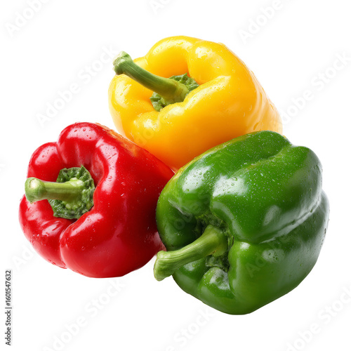 Colorful bell peppers of red, yellow, and green are arranged together, showcasing their vibrant hues and fresh appearance. This image captures the essence of healthy eating and culinary delight