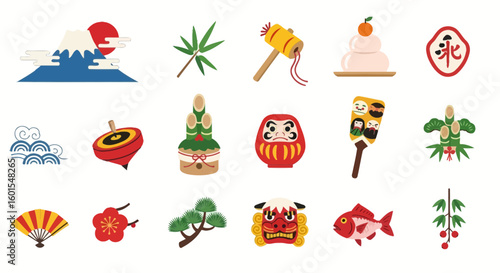 Collection of Japanese New Year's lucky charm icons featuring Mount Fuji, mochi, daruma doll, lion dance mask, and other traditional symbols.