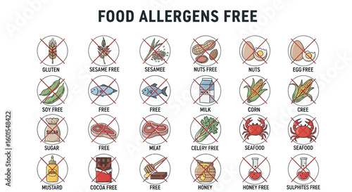 Illustration showcasing food allergens that are free from various ingredients, including gluten, sesame, nuts, eggs, soy, fish, milk, corn, sugar, meat, cele...