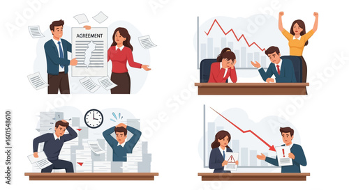 Four illustrations depicting business professionals experiencing various workplace challenges, including contract issues, market downturns, and overwhelming paperwork.