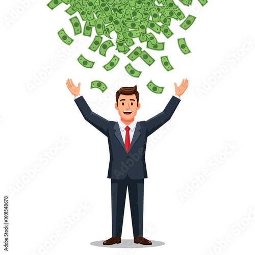 A smiling businessman in a suit stands with arms raised as money rains down on him.