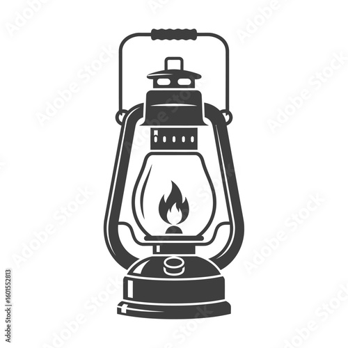 Graphic illustration of a vintage kerosene lantern with a visible flame, presented in black and white against a plain background.
