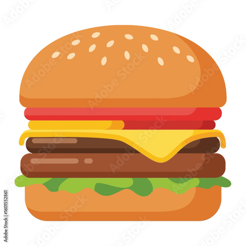 Flat vector illustration of a hamburger with sesame seed bun, beef patties, cheese, tomato, and lettuce.