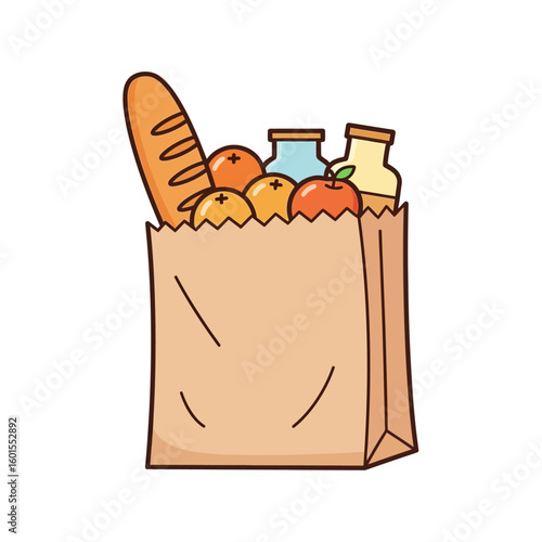 A brown paper grocery bag filled with a loaf of bread, oranges, an apple, and two jars, isolated on a white background.