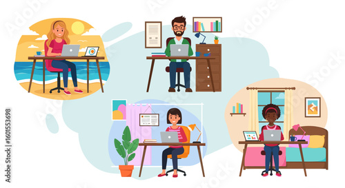 Remote Work: Diverse Team Working from Various Locations - Illustration for Landing Pages, Blogs, and Presentations