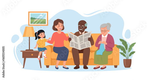 Happy multigenerational family relaxing at home, perfect for family, togetherness, and senior care websites or brochures.