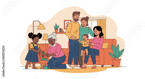 Happy multigenerational family at home, perfect for family, home, and togetherness concepts. Ideal for websites, brochures, and social media.