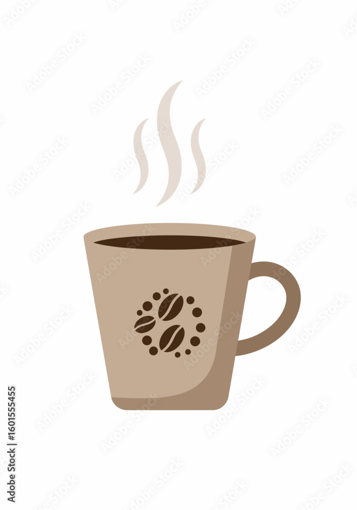 Fototapeta premium Steaming Coffee Cup with Coffee Bean Design, Brown Tones, Vector Illustration