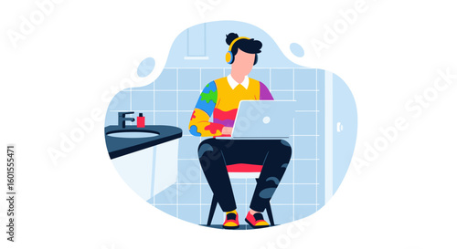 Person working on laptop in a bathroom, illustration for articles about work-life balance or remote work.