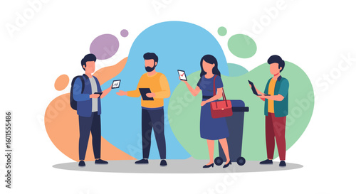 Diverse group of young people using digital devices, ideal for technology, teamwork, or modern lifestyle concepts.