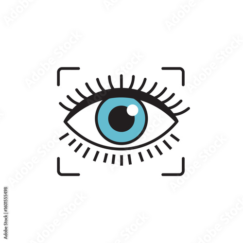 Stylized eye icon with blue iris and long lashes, framed by a square targeting reticle, isolated on a white background.