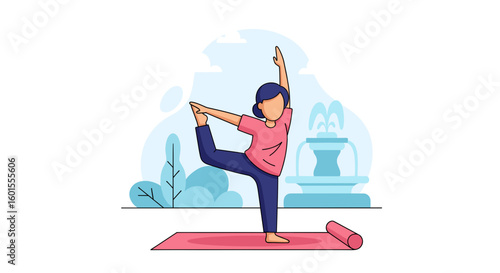 Woman practicing yoga outdoors near a fountain - perfect for wellness websites or brochures.