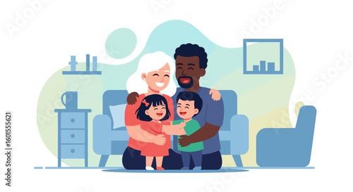 Happy multiracial family embracing at home, perfect for family blogs, websites, or social media.
