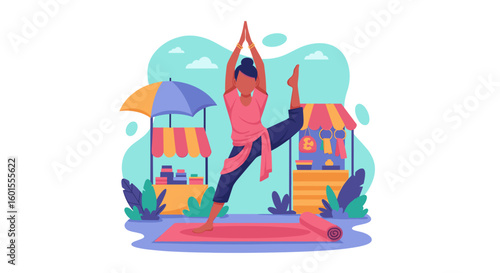 Woman doing yoga outdoors near a market, perfect for wellness websites or brochures.