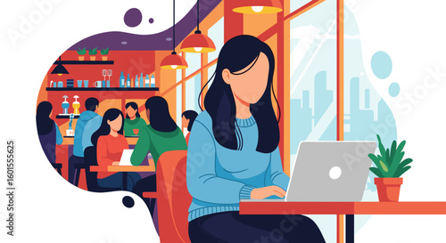 Woman working on laptop in a cafe, perfect for websites or brochures about remote work, coworking spaces, or the modern lifestyle.