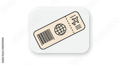 Illustrated Beige Airline Ticket with Globe, Airplane, and Barcode Details