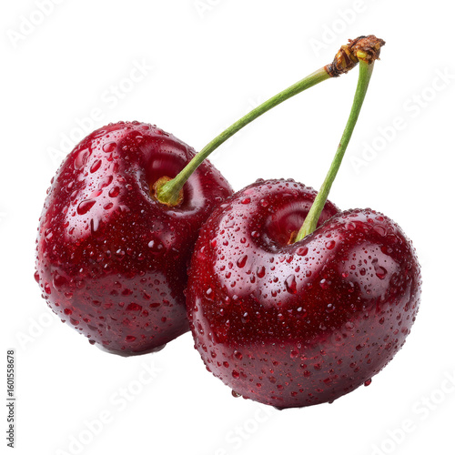 Two ripe cherries with water droplets, a simple and elegant shot. Showing freshness and deliciousness