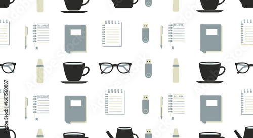 Seamless pattern of office supplies, coffee cups, and eyeglasses.
