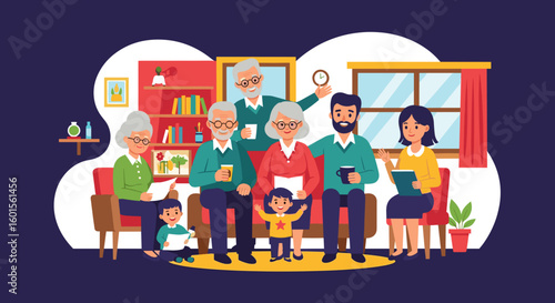 Happy multigenerational family gathering at home, perfect for family, togetherness, and generational connection themes.