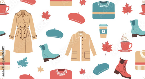 A cozy autumn pattern featuring stylish trench coats, warm sweaters, fashionable berets, and hot beverages, interspersed with colorful maple leaves.