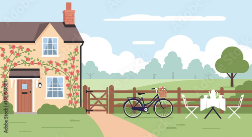 An idyllic rural landscape featuring a charming traditional cottage adorned with climbing roses, a bicycle, and an outdoor table in a green field under a blue sky.