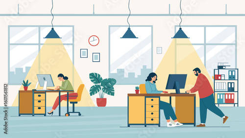 Modern office coworkers working at desks, perfect for website landing pages or brochures.