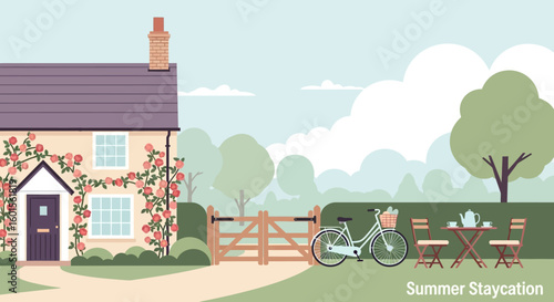 A charming countryside house adorned with climbing roses, a bicycle, and a tea set on a patio, depicting a serene summer staycation scene.