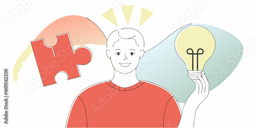 Man with puzzle piece and lightbulb embraces new ideas and innovation with a bright, creative spark.