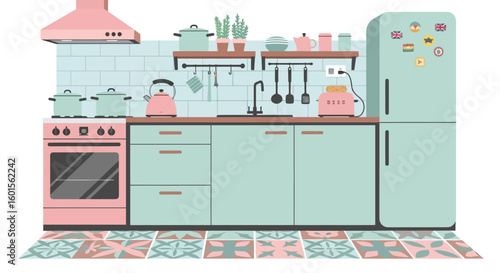 A charming illustration of a retro-style kitchen with pastel colors, featuring appliances and decor.