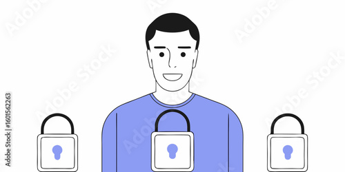 Man secured with digital locks representing data privacy and online safety concepts